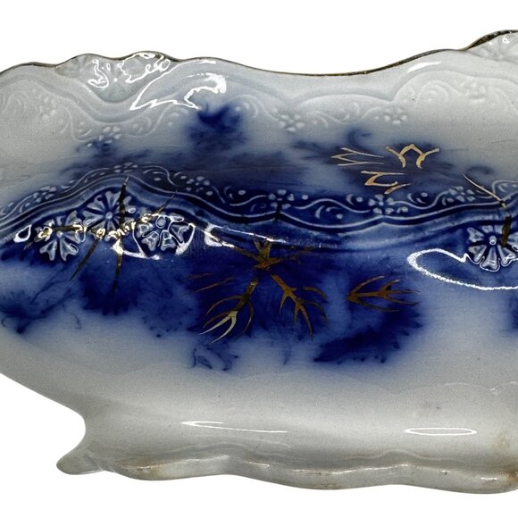 Antique Alfred Meakin Harvest Flow Blue Gravy Boat Porcelain w Underplate Relish - Picture 10 of 14